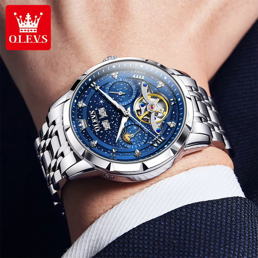 OLEVS Armbanduhr Automatik, Edelstahl, Herren, Blau, Silber - Bild 3