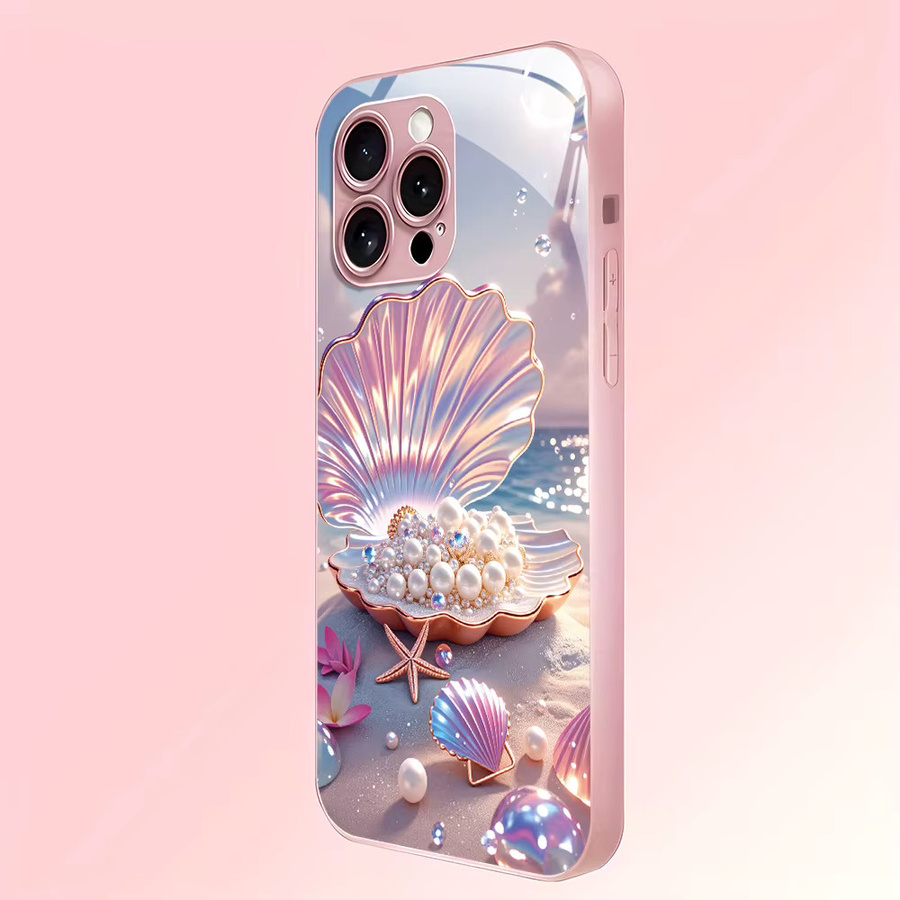 Caynes iPhone Hülle aus gehärtetem Glas mit farbigen Muschel- und Perlen-Design, stoßfest und luxuriös - Bild 3