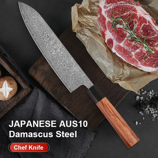 Baovim Japanisches Kochmesser aus handgeschmiedetem Damaszener Stahl mit Rosenholzgriff, 20 cm - Bild 1