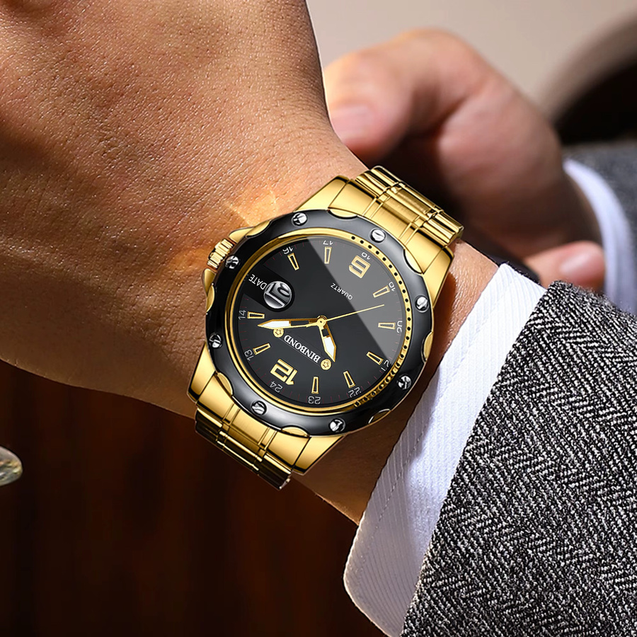 BINBOND Armbanduhr Quarz, Edelstahl, Gold, Schwarz, Herren - Bild 4