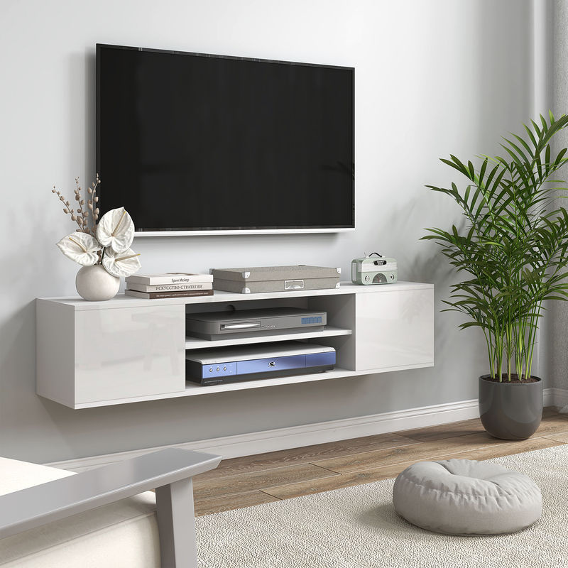 HOMCOM Wandmontiertes TV-Möbel in Weiß mit 2 Schränken und 2 Fächern, B/T/H: 140 x 30 x 30 cm - Bild 2