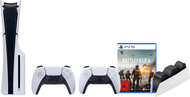 Sony PlayStation 5 Slim mit Laufwerk in Weiß inklusive Battlefield 6, zusätzlichem Controller und Ladestation - Bild 1