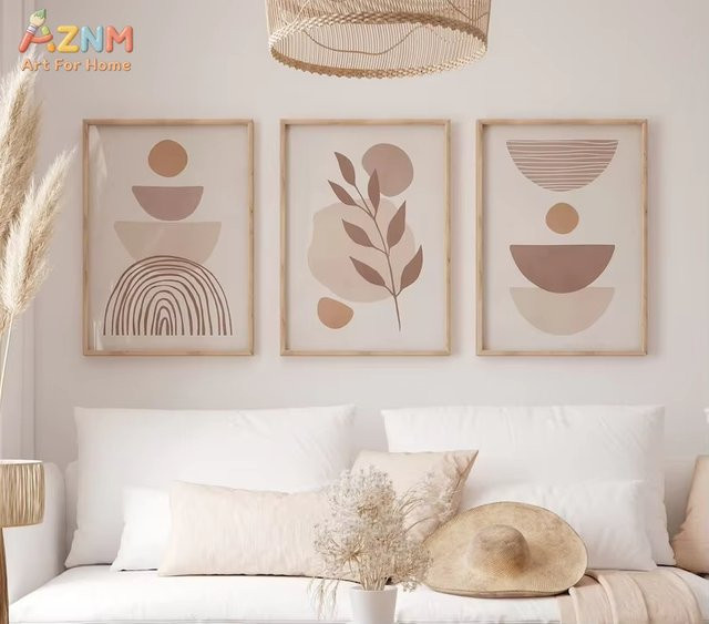 Potdemiel 3-teiliges Set abstrakte Leinwanddrucke im Mid-Century Modern Stil mit botanischen Blumen- und Pflanzenmotiven in Beige - Bild 1