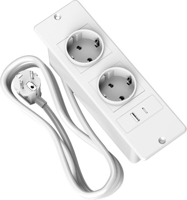 ChargeProX Einbau-Steckdosenleiste mit 2 Steckdosen sowie USB-A und USB-C Anschlüssen in Weiß - Bild 1