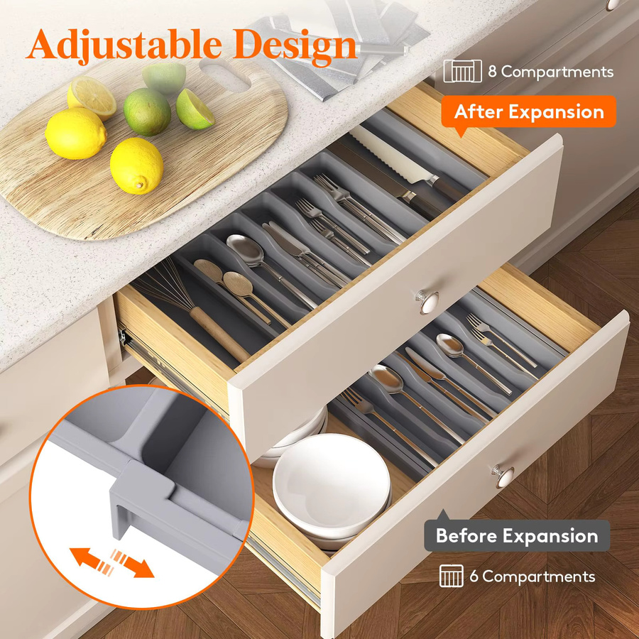 Untior Erweiterbare Utensilienablage in Grau, BPA-freier Besteckhalter aus Kunststoff mit Trennern, Breite: 33,0 cm, Höhe: 5,0 cm - Bild 4