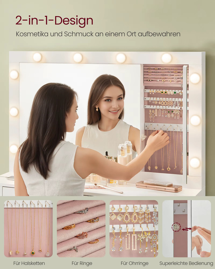 VASAGLE Schminktisch in Weiß mit LED-Beleuchtung, Spiegel und integrierter Steckdosenleiste im modernen Hollywood-Stil - Bild 2