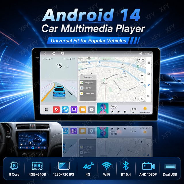 XFY 2DIN Android 14 Autoradio mit CarPlay und Android Auto, Universal 9/10 Zoll Multimedia-Player mit QLED-Bildschirm, GPS und WiFi, Schwarz - Bild 1