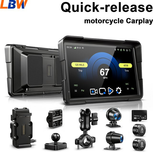 LBW 7 Zoll Motorrad-GPS-Navigation mit CarPlay und Android, inklusive TPMS und Dual-Kameras, Schwarz - Bild 1
