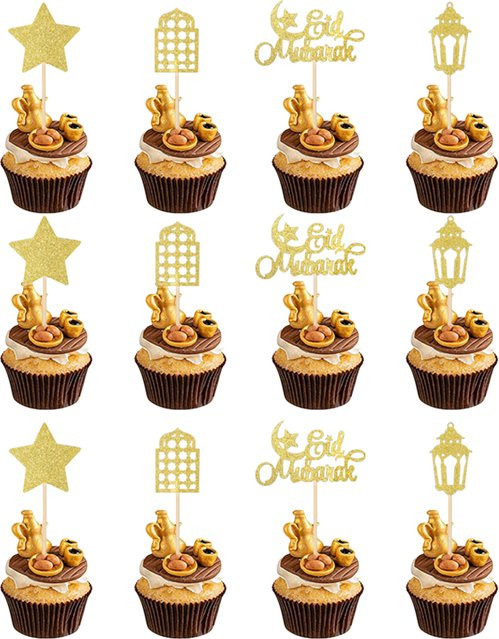 ZQNYCY Eid Mubarak Cupcake Topper mit Mond, Sternen und Laternen für Ramadan und islamische Partys, Gold und Multicolour - Bild 1