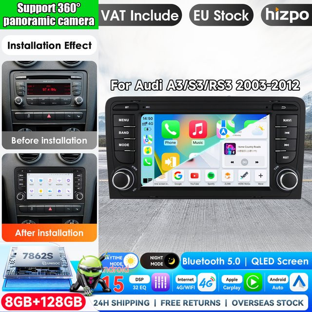 Hizpo 7-Zoll Android Autoradio für Audi A3 8P 2003-2012 S3 RS3 mit Carplay, GPS-Navigation, 8-Kern-Prozessor und KI-Sprachsteuerung in Schwarz - Bild 1