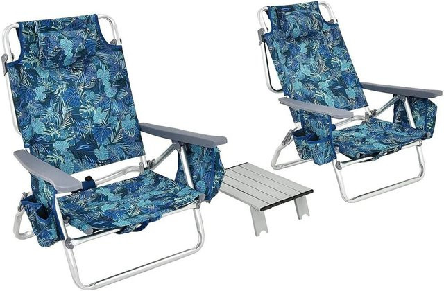 Costway Strandstühle und Tisch Set mit verstellbarer Rückenlehne und Getränkehaltern in Marineblau - Bild 1
