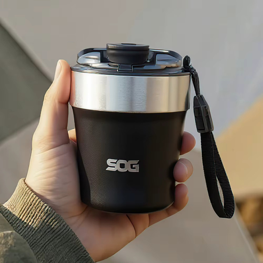 SOG Vakuum-Reisewasserflasche und Kaffeetasse aus Edelstahl mit Lanyard, schwarz, 240 ml - Bild 5