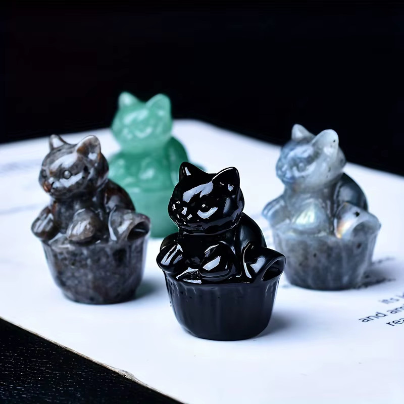 Kristallgeschnitzte Katze aus Labradorit als dekorative Tierstatue und Worry Stone - Bild 4