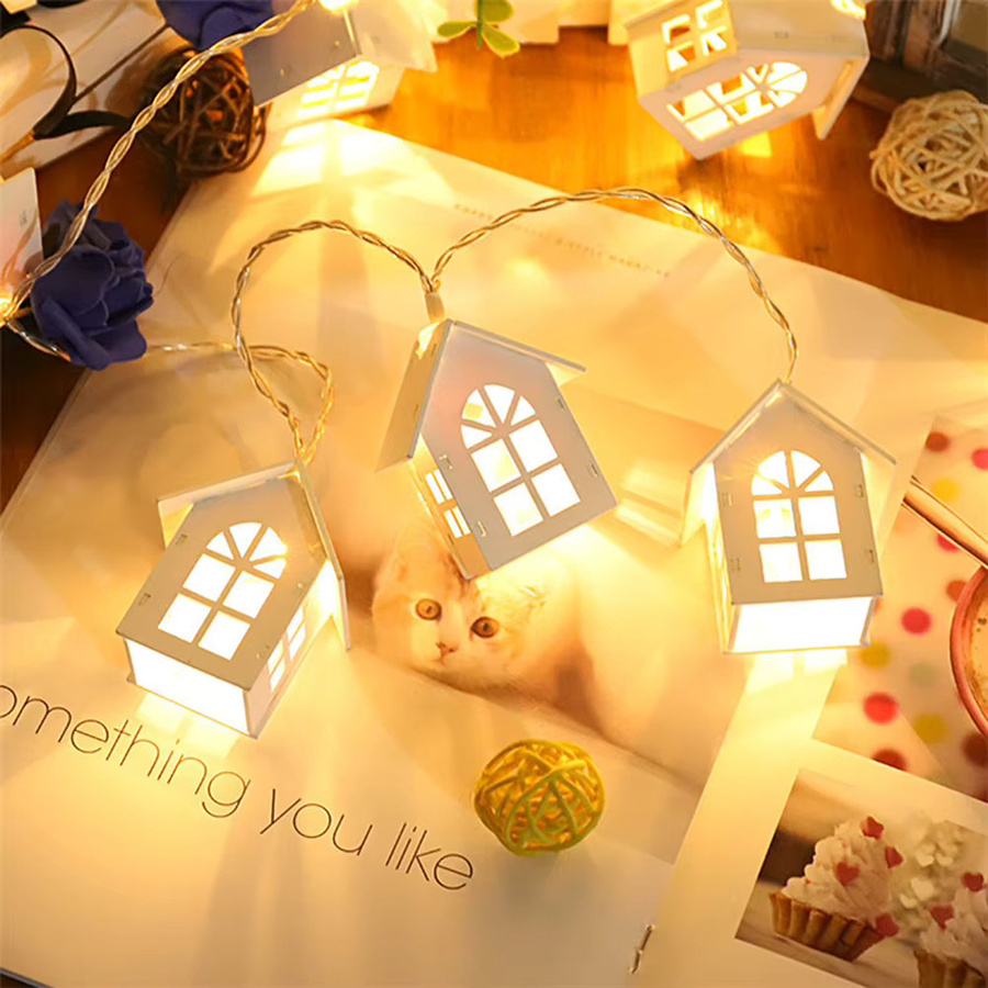 Holzhaus-Feen-Lichterkette mit 10 warmweißen LED-Laternen, 2 m Länge, weißes Holzdesign für Dekorationen zu Weihnachten, Hochzeiten oder Partys - Bild 4