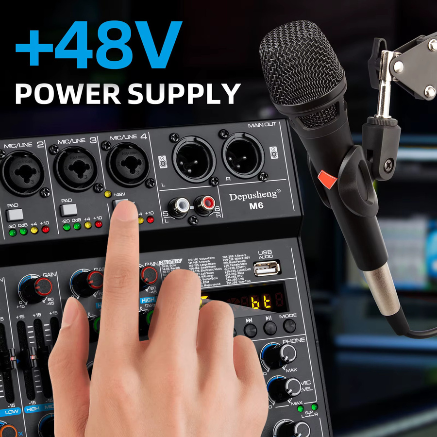 Depusheng M6 6-Kanal-Tonmischpult mit Bluetooth und USB-Aufnahme, Schwarz, inklusive 48V Phantomspeisung und Delay-Repeat-Effekt - Bild 2