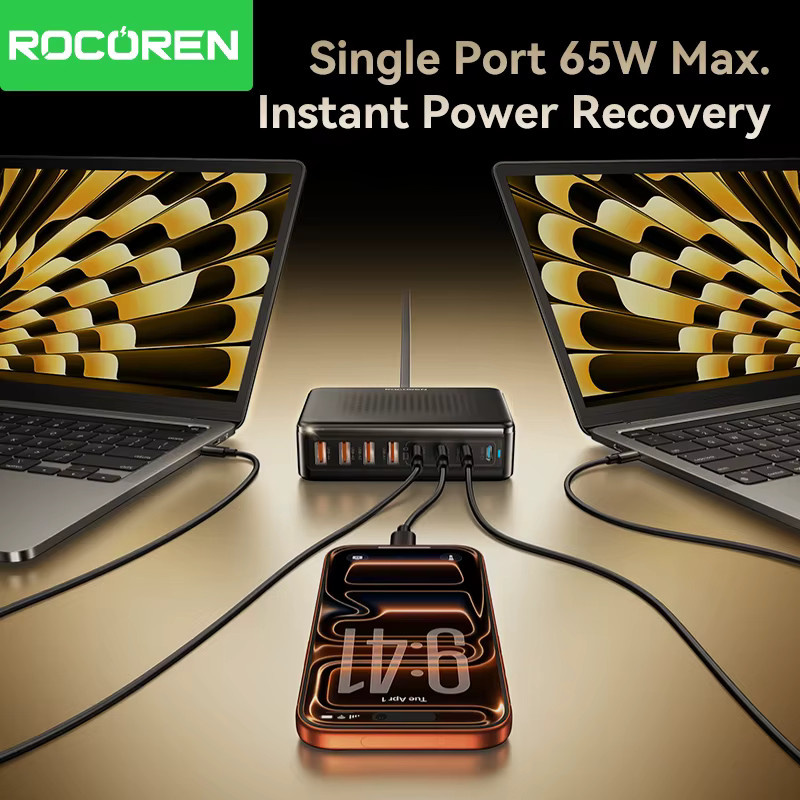 Rocoren 200W USB-C GaN-Ladegerät mit 8 Anschlüssen, USB-C PD3.1 Schnellladestation in Schwarz - Bild 2