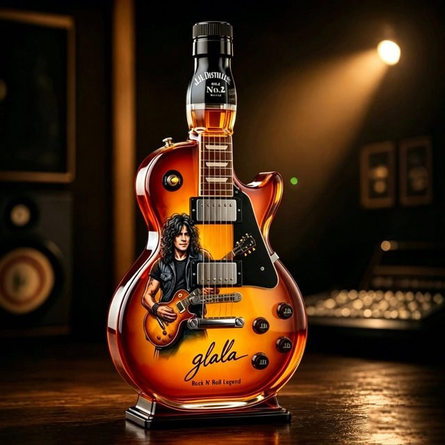 Gitarrenförmige Whiskeyflasche aus Borosilikatglas im Retro Sonnenuntergang Farbverlauf, Multicolour - Bild 1