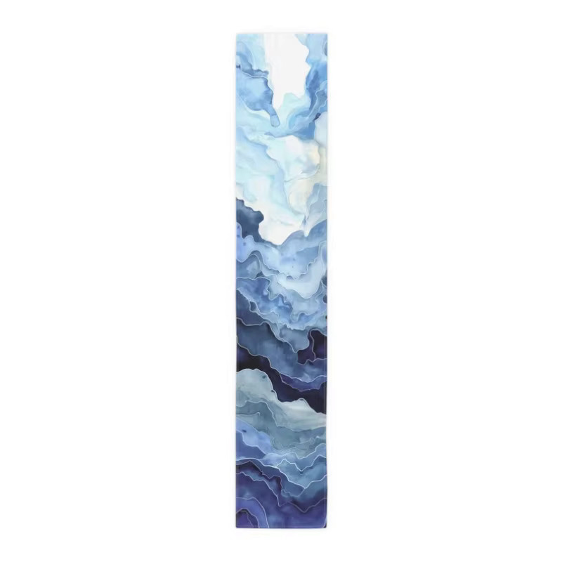 VIKAMA Tischläufer aus Leinen mit blauem Ozean Aquarell-Farbverlauf im mediterranen Stil, B/H: 122 x 33 cm - Bild 2