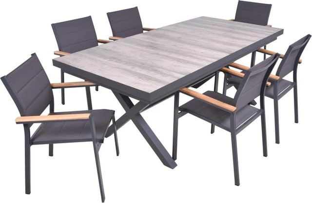 DELUKE Garten-Sitzgruppe JANA 7-teiliges Gartenmöbel-Set aus Aluminium und Keramik in Eiche-Optik Grau - Bild 1