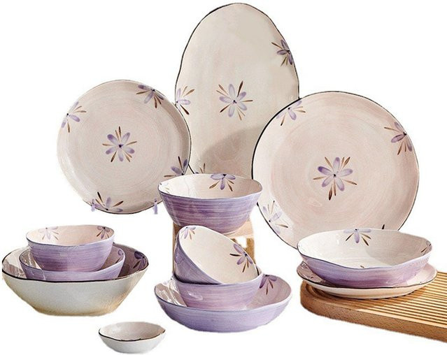 5er Set mfySpace Keramik Schüsseln mit floralem Design in Lila und Weiß für Suppe, Salat, Pasta oder Dessert - Bild 1