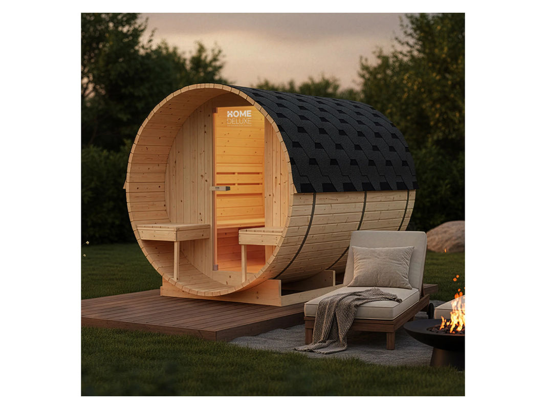 Home Deluxe Outdoor Fasssauna Lahti Deluxe L aus Fichtenholz mit 8 kW Ofen und Sitzgelegenheiten, Farbe: beige, B/H/T: 195 x 192 x 220 cm - Bild 2