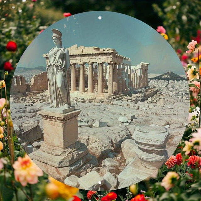 Metoo 3D Griechische Metall-Wandkunst Akropolis-Skulptur mit Athene-Statue in Antik-Optik für Wohnzimmer und Büro - Bild 1