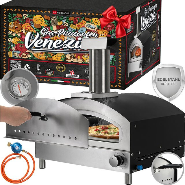 Heidenfeld Outdoor Gas-Pizzaofen Venezia aus Edelstahl in Silber mit Pizzastein und Schlot mit Regenschutz für bis zu 500° - Bild 1