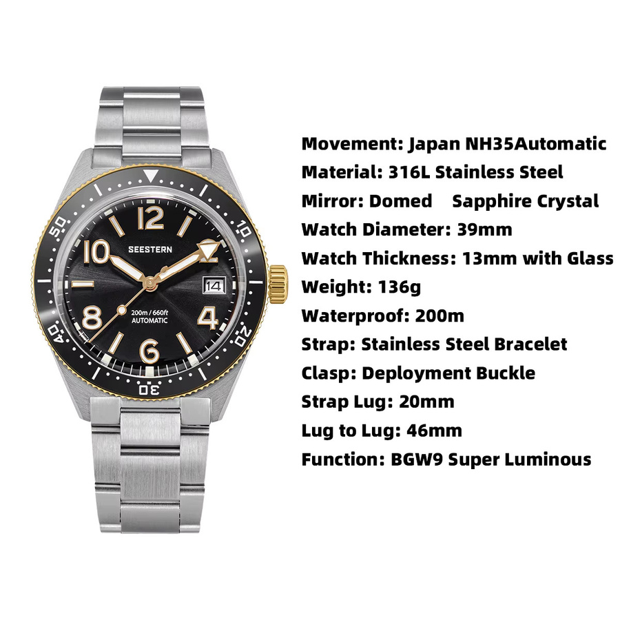 SEESTERN Herren Armbanduhr, Automatik, Keramiklünette, Saphirglas, 20 ATM - Bild 5