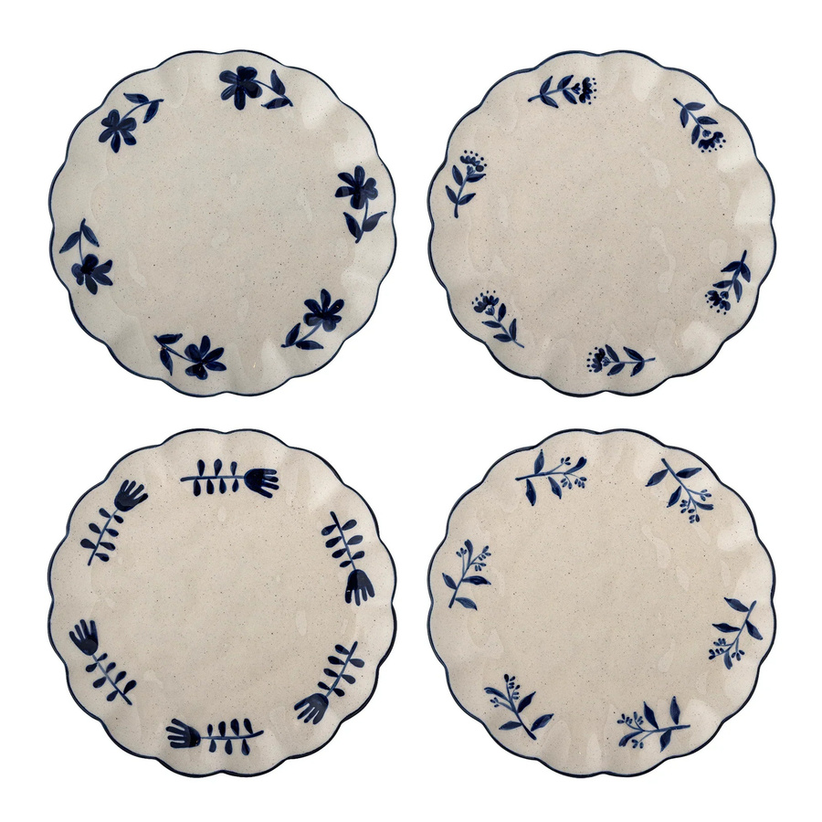 Bloomingville Tellerset Eimy Dessertteller aus Keramik, Blau und Beige, Floral, Durchmesser: 20,5 cm, 4 Stück - Bild 1