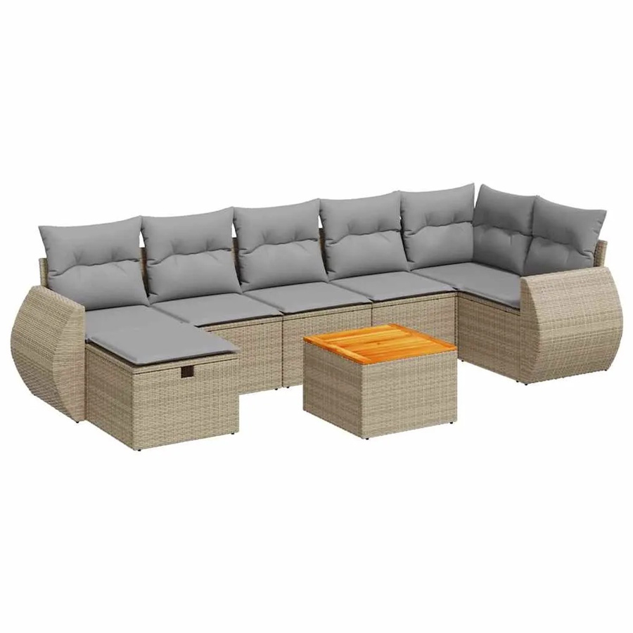 vidaXL 8-tlg. Garten-Sofagarnitur in L-Form mit Kissen und Tisch, Beige, Poly Rattan und Akazienholz - Bild 2
