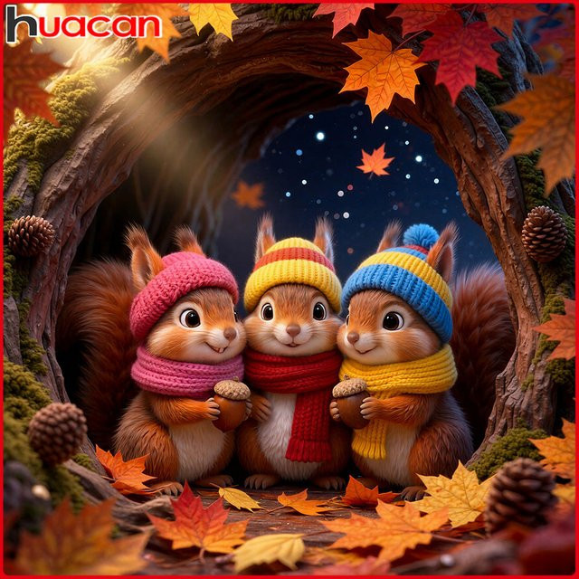 Huacan Diamantmosaik-Set Eichhörnchen in Herbstlandschaft, Mehrfarbig, 20 x 20 cm - Bild 1