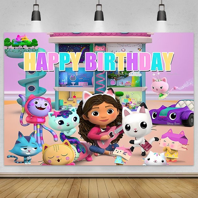 Potdemiel Gabby Dollhouse Party-Hintergrund Banner für Kindergeburtstage in Rosa und Mehrfarbig, Rechteckig, Breite: 150 cm, Höhe: 100 cm - Bild 1