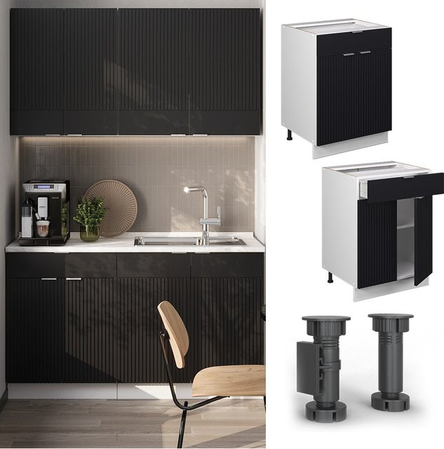 Vicco Schubunterschrank Fame-Line Weiß Schwarz Gestreift mit Arbeitsplatte in Marmor-Optik, Breite: 60 cm, Höhe: 82 cm, Tiefe: 32,53 cm - Bild 1