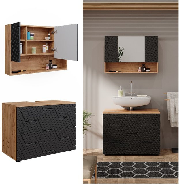 Vicco Badmöbel-Set Irma 2-teilig in Eiche und Anthrazit mit Spiegelschrank und Waschbeckenschrank Breite: 80 cm - Bild 1