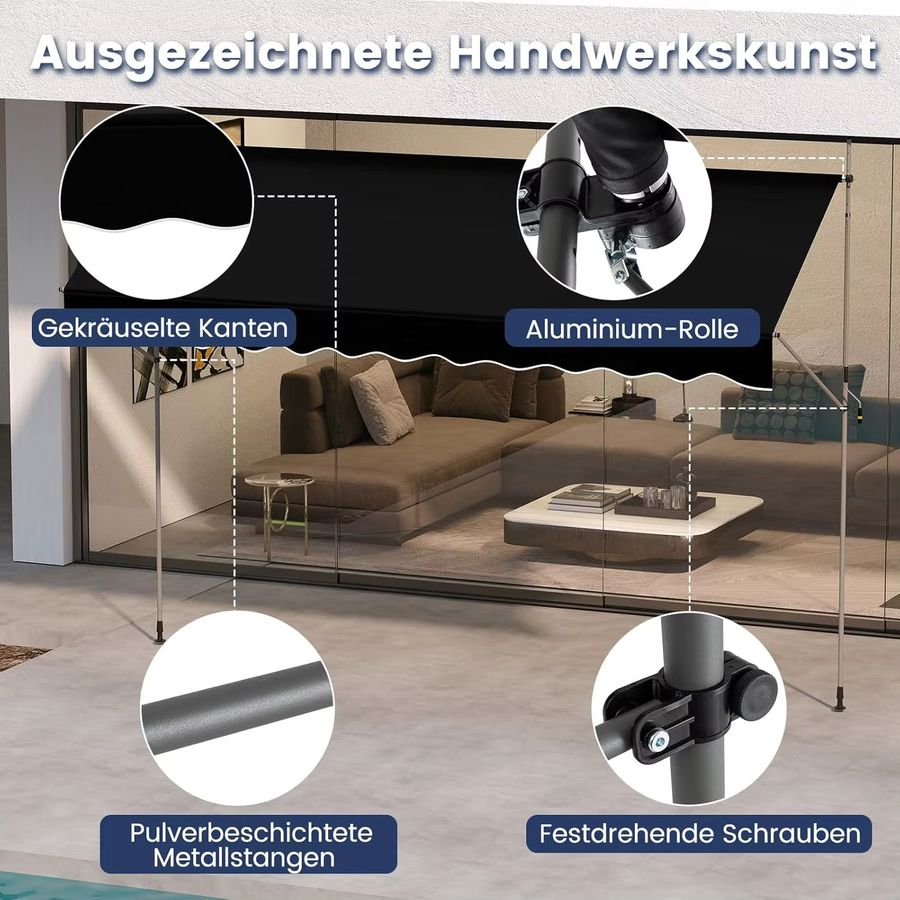 GOFLAME Klemmmarkise ohne Bohren, höhenverstellbarer Sonnenschutz für den Balkon, UV-beständig, Schwarz, Breite: 400 cm - Bild 6