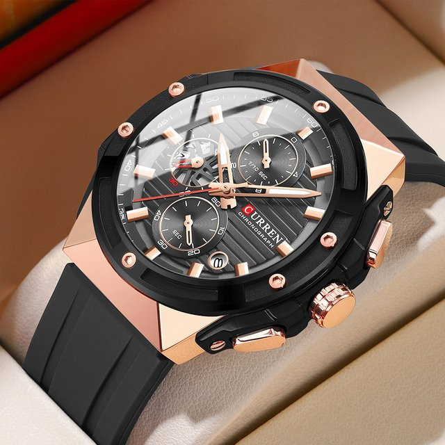 CURREN Chronograph Armbanduhr, Quarz, Edelstahl, Silikon, Schwarz, Herren - Bild 1