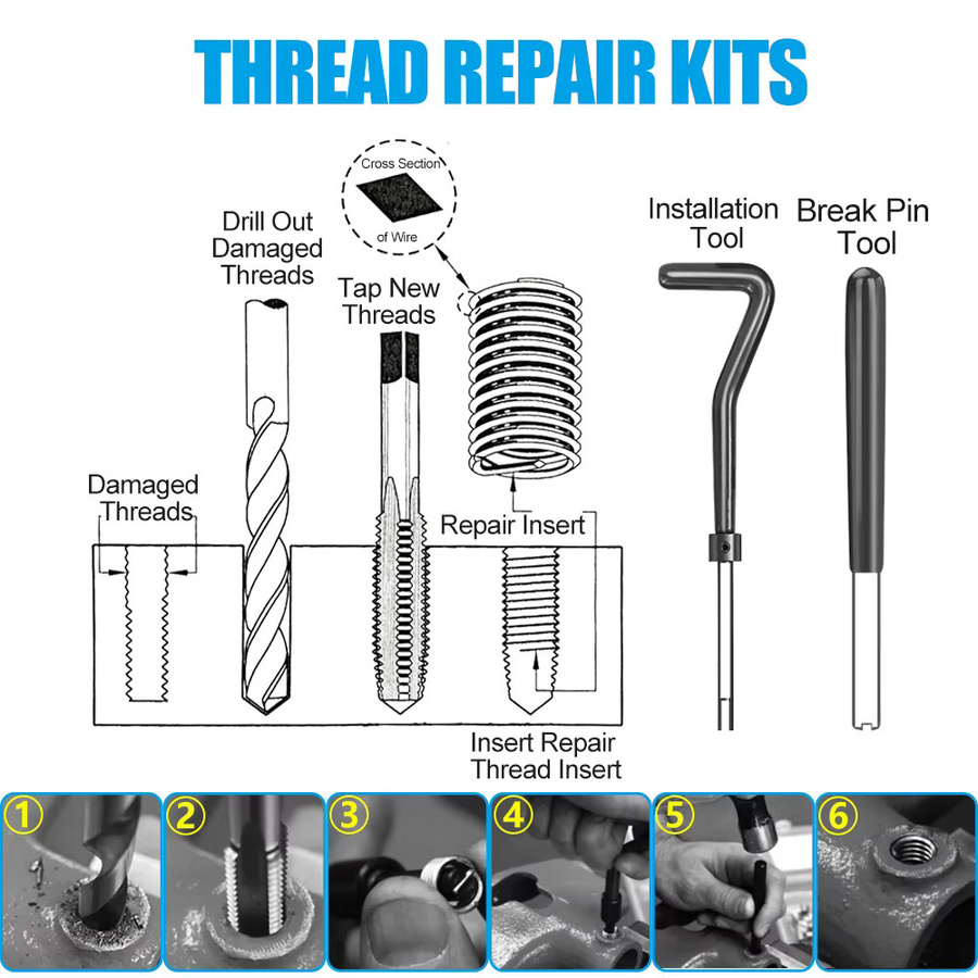 XCAN Gewinde Reparatur Kit in Silber für M3 M4 M5 M6 M8 M10 M12 M14 Schrauben mit Bohrer und Gewinde Einsätzen zur Reparatur beschädigter Gewinde - Bild 3