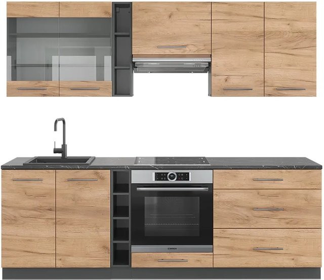 Vicco Küchenzeile Fame-Line in Anthrazit und Eiche, moderne Einbauküche mit Schränken und Schubladen, Breite: 235 cm - Bild 2