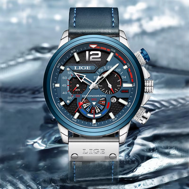 LIGE Chronograph Herrenuhr, Quarz, Leder, Edelstahl, Silver blue - Bild 6