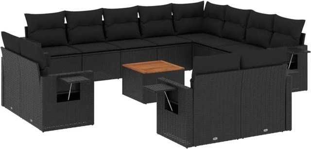 vidaXL 13-tlg. Garten-Sofagarnitur in L-Form aus Poly-Rattan und Akazienholz mit Kissen, Schwarz - Bild 1