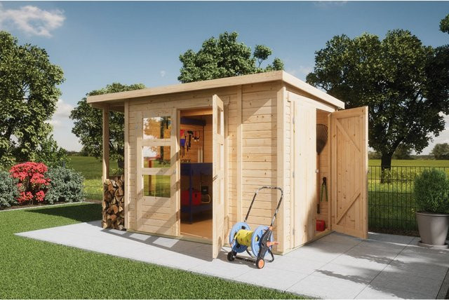 Karibu Gartenhaus Multi Pultdach naturbelassen mit Schrank, Anbaudach, Fußboden und Dacheindeckung - Bild 1