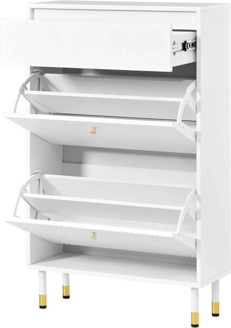 PXloue Schuhschrank mit Wellenfront in Weiß, Schuhkipper mit Klappfächern und Schublade aus MDF und Metallfüßen, B/T/H: 65 x 24 x 104 cm - Bild 1