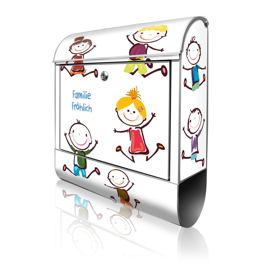 Banjado Design Briefkasten aus Stahl in Silber mit Motiv Happy Kids und Zeitungsfach, H x B x T: 38 x 47 x 13 cm - Bild 1