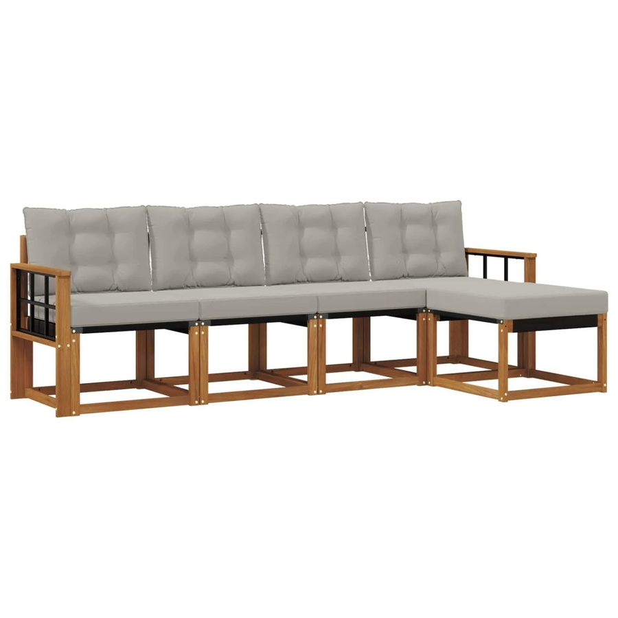 vidaXL Outdoor-Sofagarnitur 5-tlg. aus Akazienholz mit Textilene und Kissen, Natur und Hellgrau - Bild 2