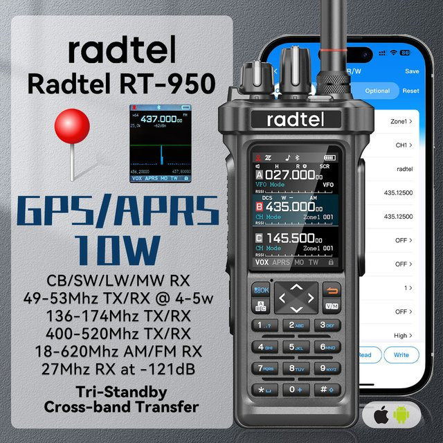 Radtel RT-950 GPS APRS Walkie-Talkie mit Bluetooth, AM/FM/MW/LW/SW Empfänger und APP-Programmierung in Schwarz - Bild 1