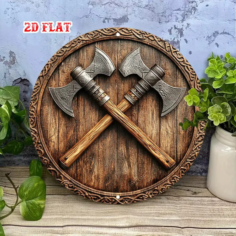 CIFBUY Wikinger-Schild Wandkunst aus Metall mit Kampfaxen-Design in Braun im rustikalen Stil - Bild 4