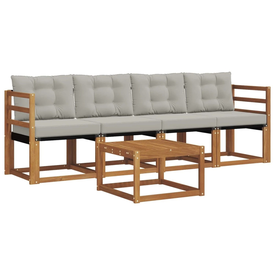 vidaXL Outdoor-Sofagarnitur aus Akazienholz und Textilene in Natur und Grau mit Kissen und Tisch - Bild 2