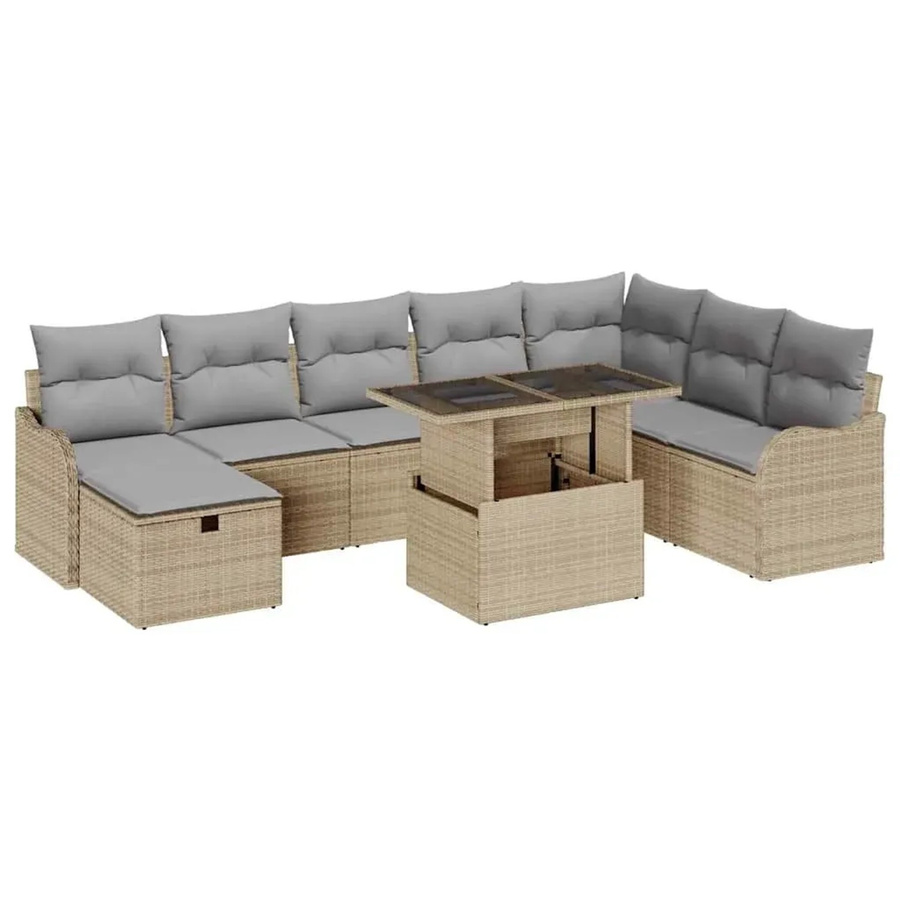 vidaXL Garten-Sofa-Set aus Poly-Rattan in Beige, 9-teiliges L-Shape Lounge-Set mit Kissen und integriertem Stauraum für Terrasse und Garten - Bild 2