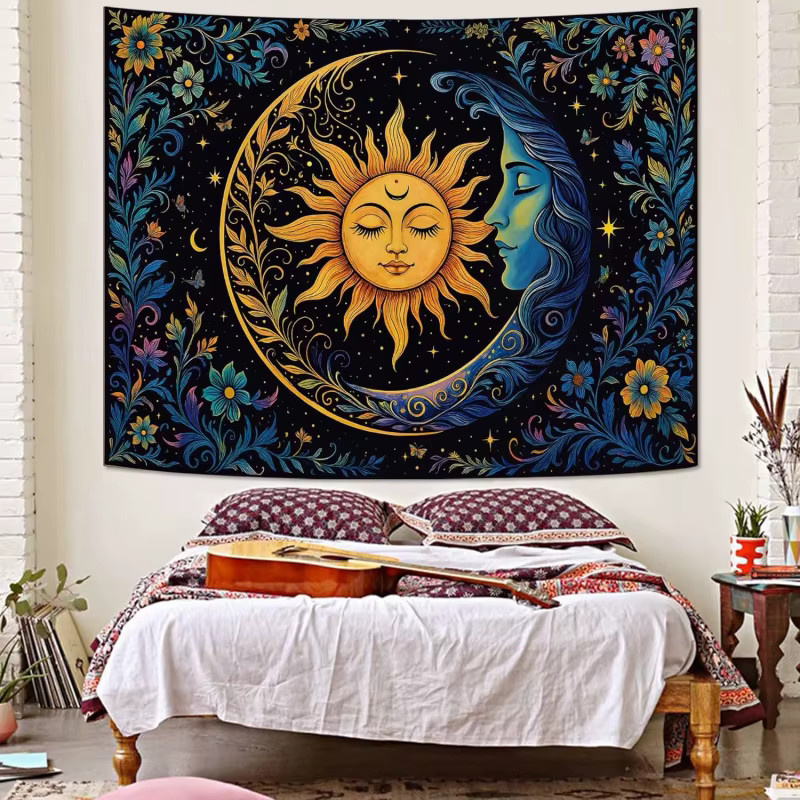 VIKAMA Wandteppich Sonne-Mond mit Blumenmuster im Boho-Stil, Mehrfarbig - Bild 2