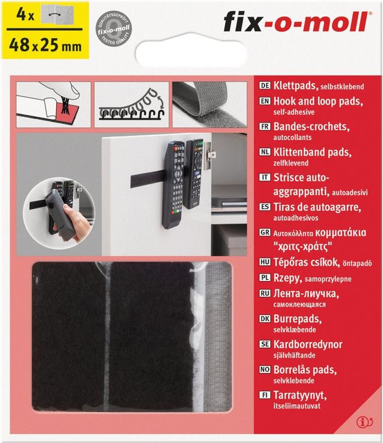 Fix-o-moll Klettpads Klebend Grau-Schwarz B: 48 mm, T: 25 mm, 4 Sets - Bild 1